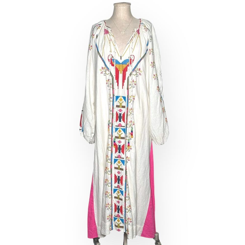 FARM RIO Macaw Embroidered Beaded Maxi Dress Caftan Tapestry Ethereal Wedding - Picture 4 of 15